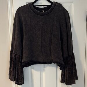 Free People Washed Black Cropped Sweatshirt with Bell Sleeves